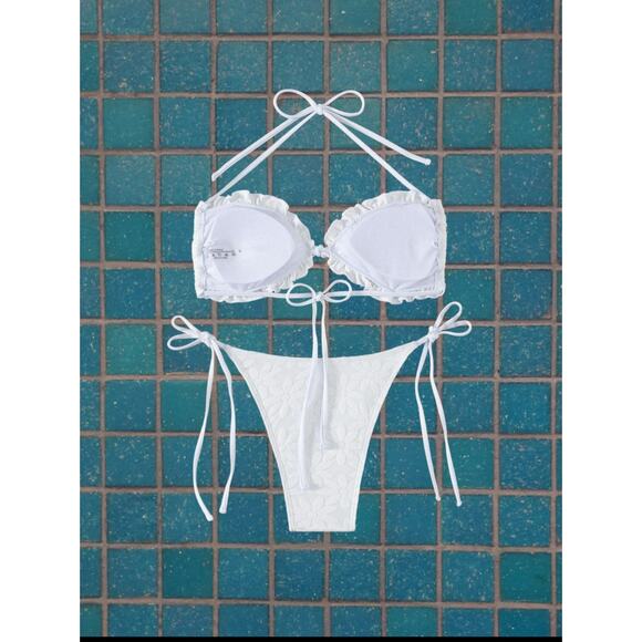 New XL White Velour Velvet Ruched Ruffle Side Tie Bikini Swimsuit Y2k Cheeky - Picture 4 of 4